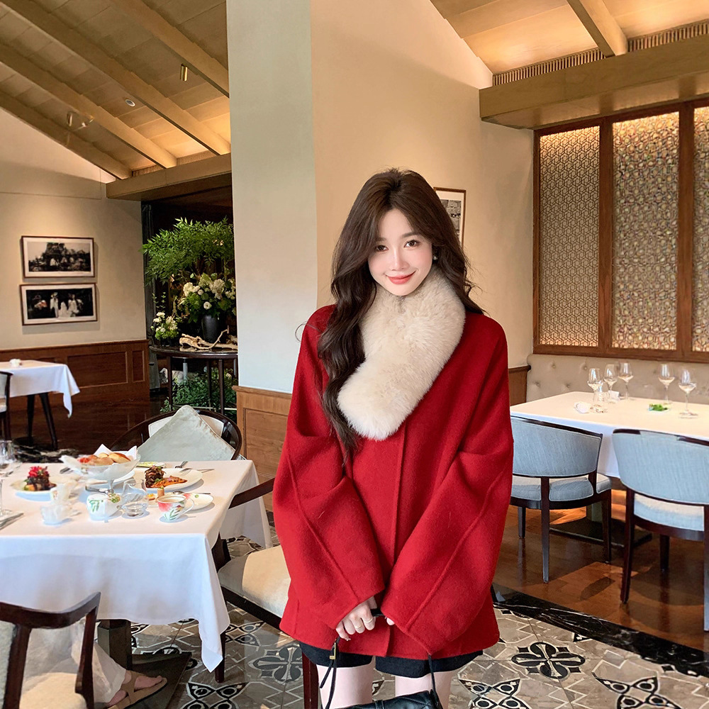 白月光2025狐狸毛领双面羊绒大衣