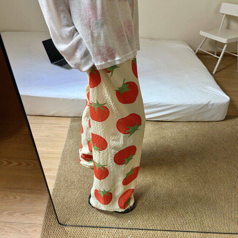 番茄印花裤子女夏薄款遛弯裤宽松垂坠感直筒休闲裤防蚊睡裤慵懒风