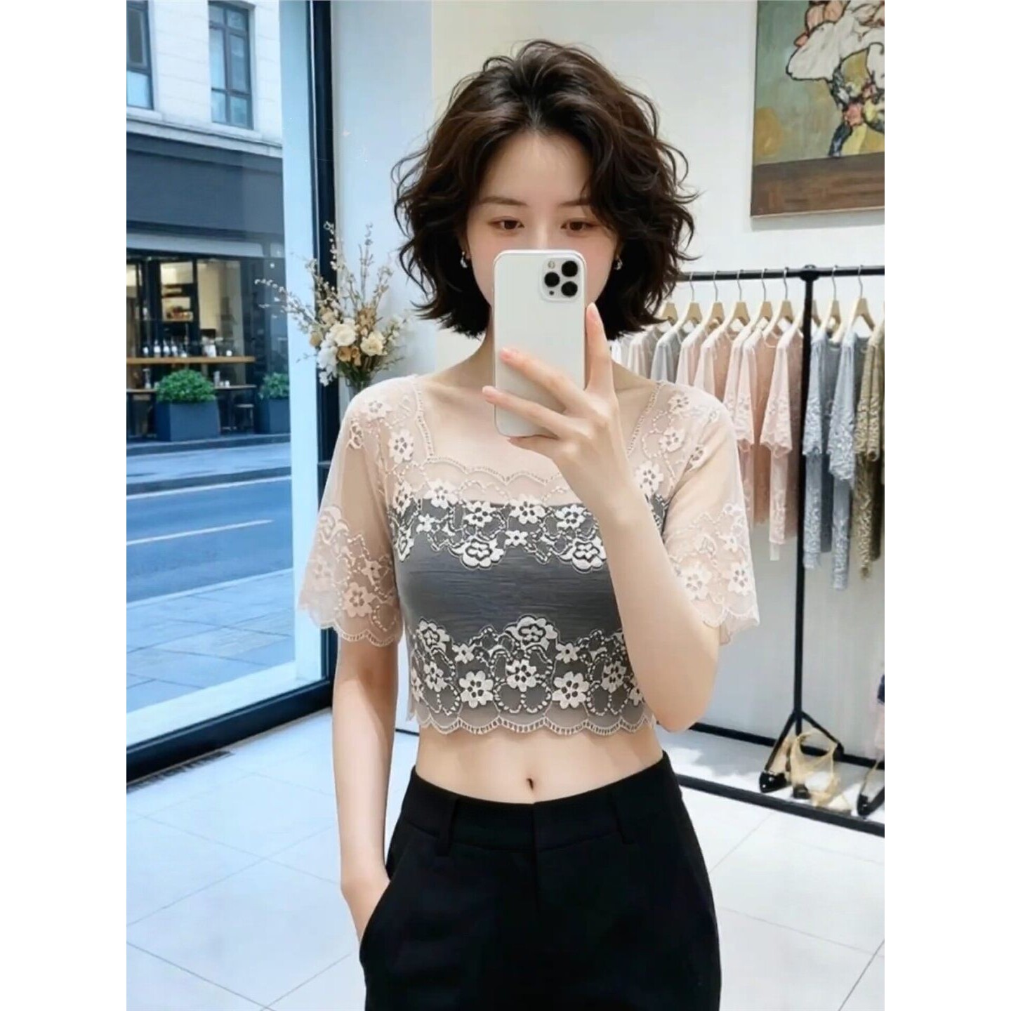 蕾丝打底衫薄纱叠穿内搭网纱上衣女士时尚洋气短袖无袖遮手臂神器