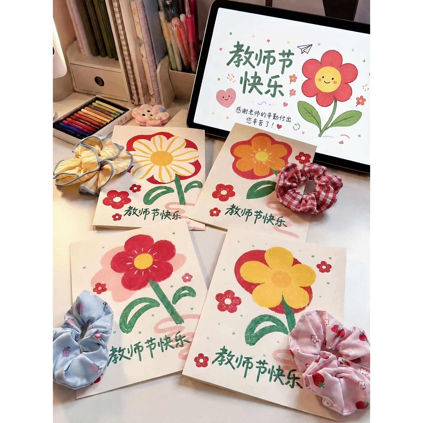 送你一朵小红花!大肠发圈花束卡片学生教师节手工diy礼物送老师