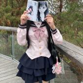 收腰显瘦学院风女长袖 神月社原创jk水手服粉色制服套装 岚羽川