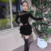 歌瑞亚拉丁舞服女秋冬丝绒长袖 蛋糕裙儿童专业拉丁训练功演出服