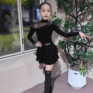 歌瑞亚拉丁舞服女秋冬丝绒长袖蛋糕裙儿童专业拉丁训练功演出服