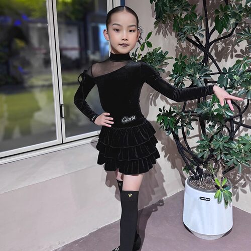 歌瑞亚拉丁舞服女秋冬丝绒长袖蛋糕裙儿童专业拉丁训练功演出服