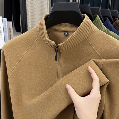 双面德绒卫衣男冬季保暖拉链半高领打底衫插肩袖t恤磨毛纯色内搭