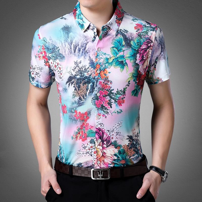夏装品牌男士短袖丝光棉衬衫男中年薄款浅色印花衬衣免烫大花上衣