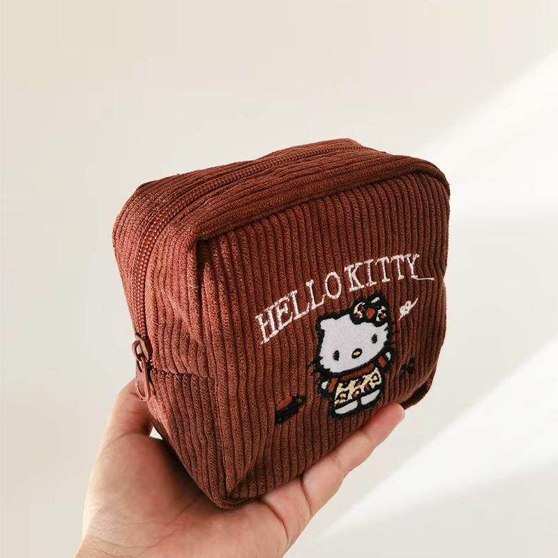 新款原创刺绣kitty化妆包栗子色灯芯绒大容量收纳口红耳机小方包,收纳整理,化妆包,淘宝优惠券,粉丝福利购,淘宝优惠卷