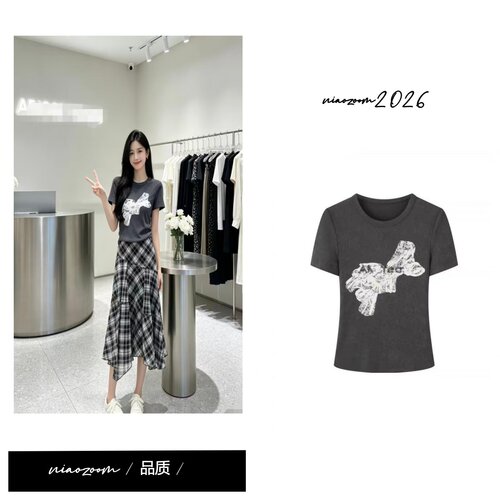【商场同款】2026夏季新款时尚百搭圆领印花针织短袖T恤女2158
