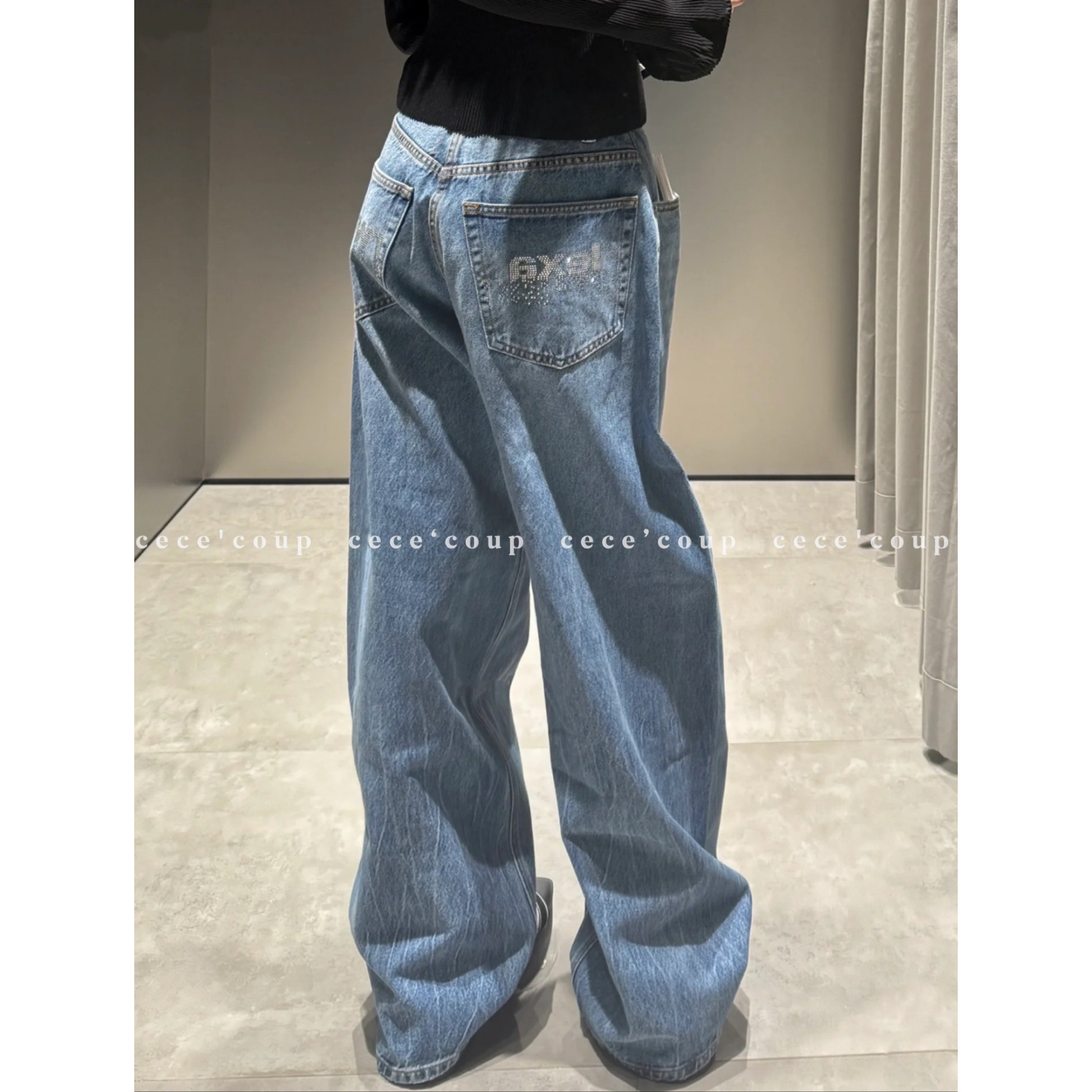 25FW烫钻洗水直筒牛仔阔腿裤