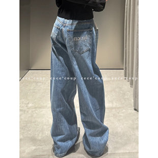 新品 cece 烫钻洗水直筒牛仔阔腿裤 韩国欧尼 25FW coup