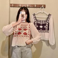 Real shot real price spring new style clavicle stitching lace top personalized pattern design shirt