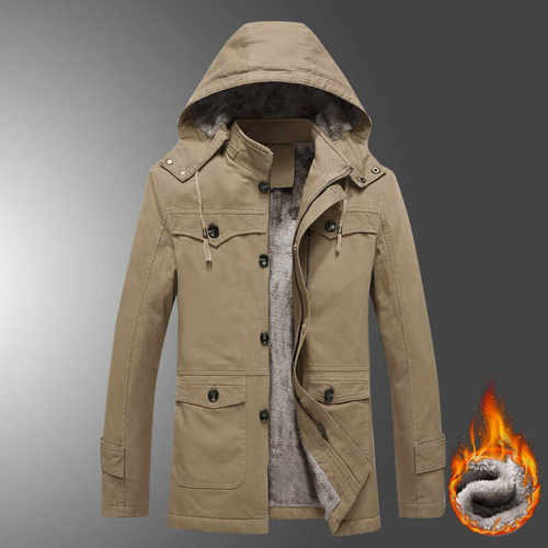 秋冬季加绒加厚中长款外套男士纽扣风衣中年纯棉外衣爸爸夹克带帽