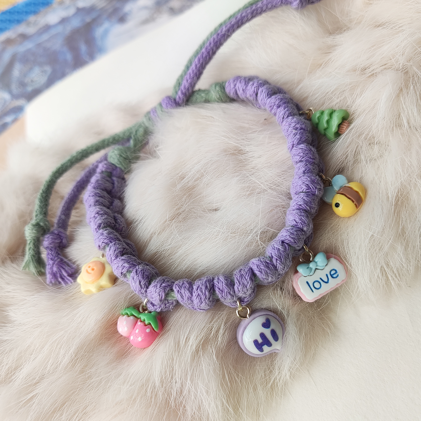 猫咪小蜜蜂项圈紫色棉绳可爱挂饰