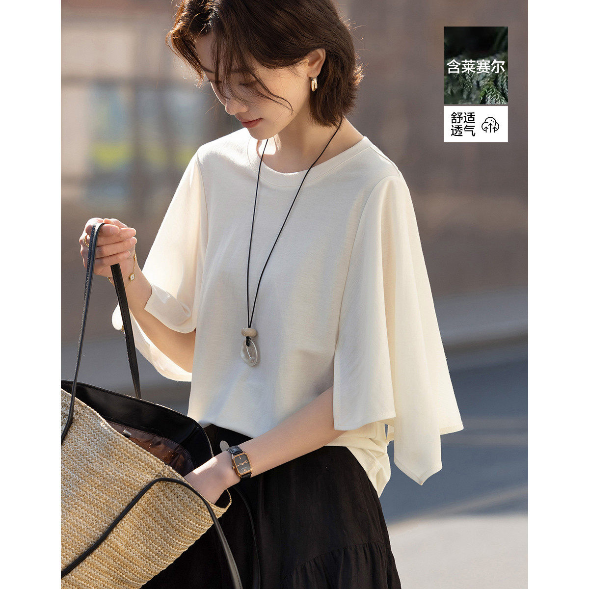 圆领七分袖宽松显瘦小个子t恤女