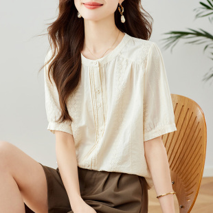宽松时尚 奥特莱斯大牌女装 夏季 刺绣衬衫 漂亮上衣 外贸清仓圆领短袖