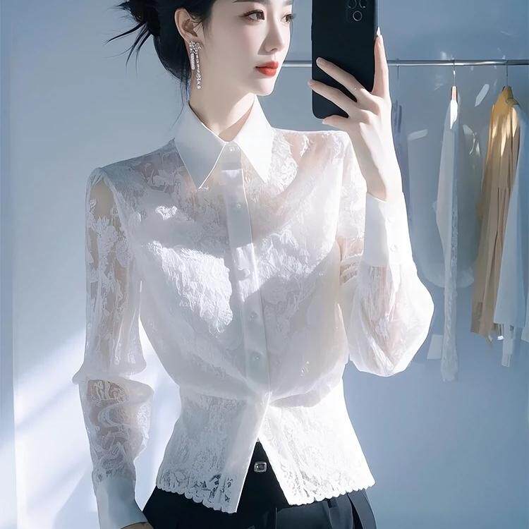 白色蕾丝长袖衬衫女小香风衬衣