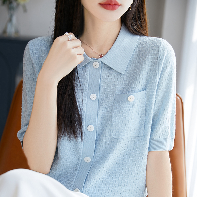 奥特莱斯大牌女装外贸清仓夏季翻领短袖开衫宽松显瘦休闲针织T恤