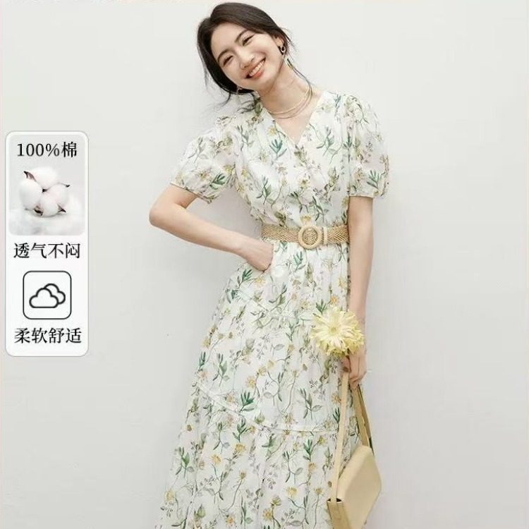 短袖V领连衣裙夏季收腰碎花裙女