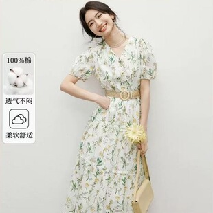 奥特莱斯大牌女装外贸清仓泡泡短袖V领连衣裙夏季收腰纯棉碎花裙