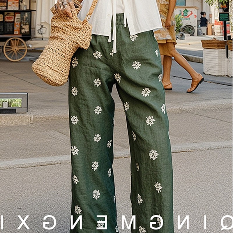 夏松弛休闲墨绿色印花亚麻裤子女