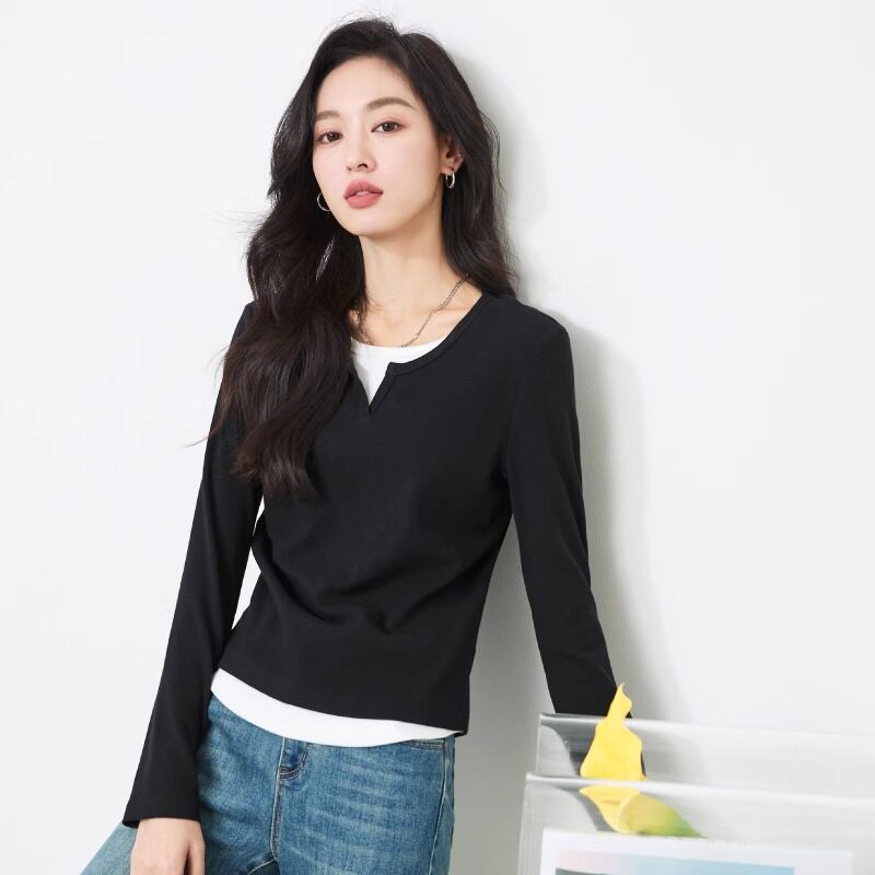 撞色假两件长袖t恤女显瘦打底衫