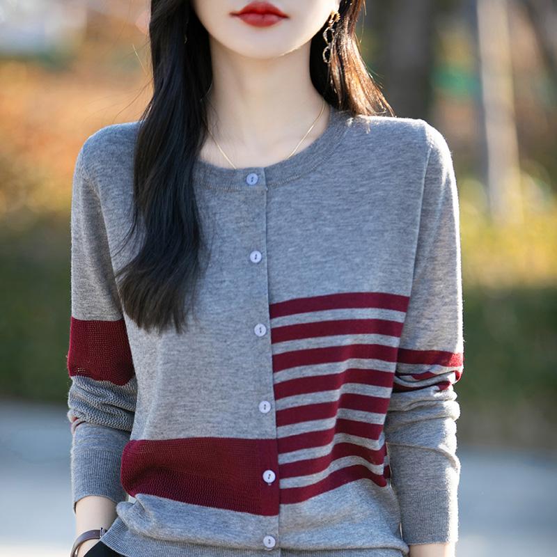 撞色条纹针织开衫宽松显瘦外套女