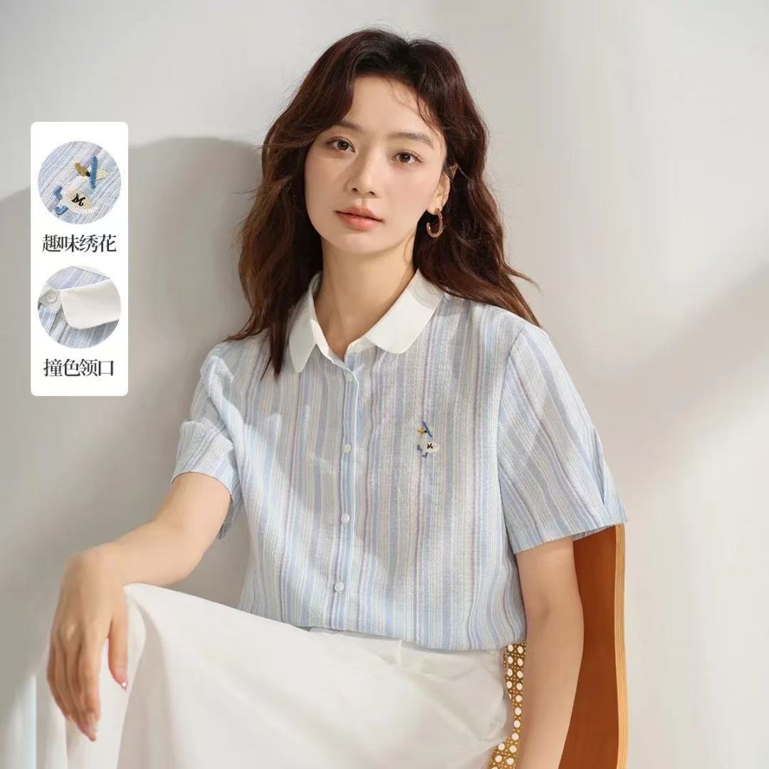 奥特莱斯大牌女装外贸清仓条纹衬衣夏季撞色翻领绣花时尚短袖衬衫