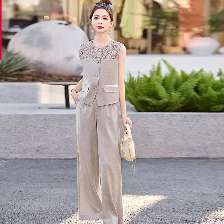 品牌撤柜清仓~亚麻马甲套装女夏季复古高端显瘦西装阔腿裤两件套
