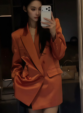 中长款桔红色正肩直筒西装外套女