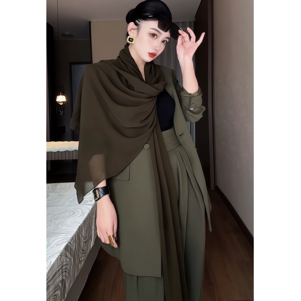2026春季新款韩系轻职感百搭宽松军绿色西装外套高腰直筒裤套装女
