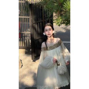 2025年秋季 白色网纱亮片一字肩连衣裙女 新款 韩系甜美小清新中长款