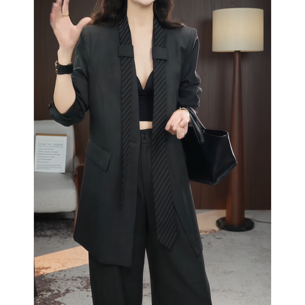 小众设计黑色外套裤子套装女款图片
