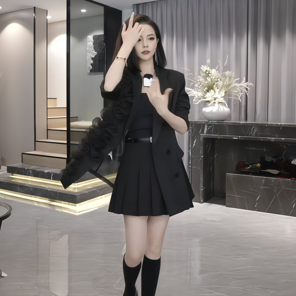 中长款黑色西装外套半身裙套装女
