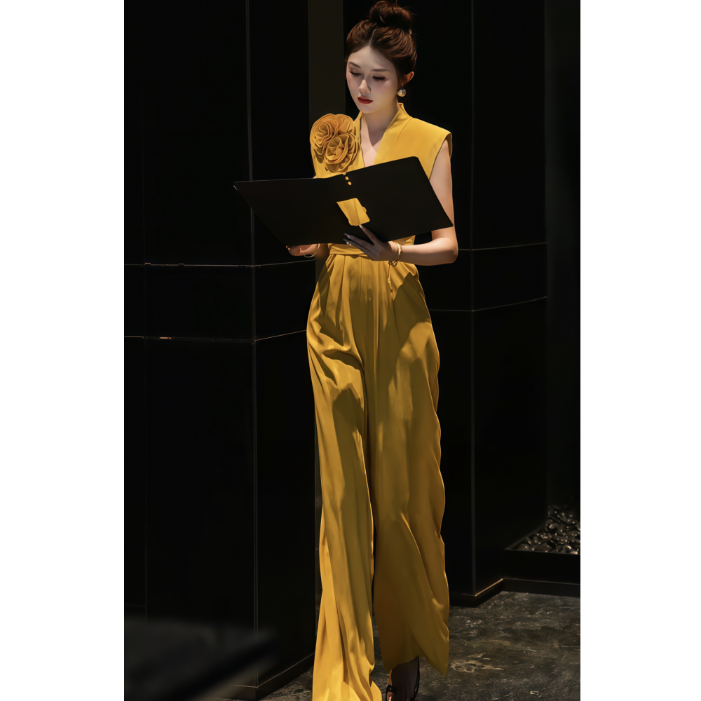 2025年夏季新款韩版休闲减龄修身轻奢感黄色无袖上衣直筒裤套装女