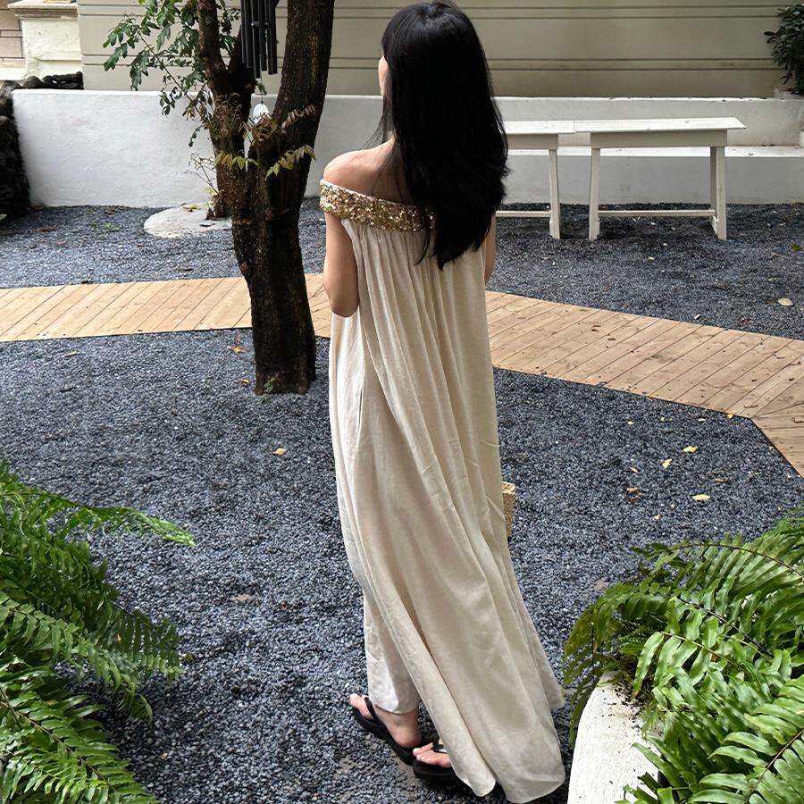 UIEVEN亚麻色一字肩连衣裙女设计感气质露肩宽松无袖亮片抹胸长裙