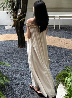 UIEVEN亚麻色一字肩连衣裙女设计感气质露肩宽松无袖亮片抹胸长裙