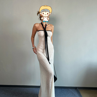 JQNWEONTI创原设计 白月光连衣裙黑白撞色抹胸度假长裙 女贵