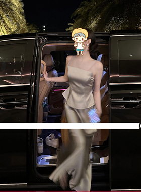 CIU崔CIU崔【忧忘岛】氛围感女神风定高计设师款银色缎面套装裙女