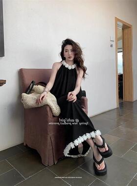 大于诗集手工立体花瓣短款无袖背心上衣女小个子黑色半身长裙夏季