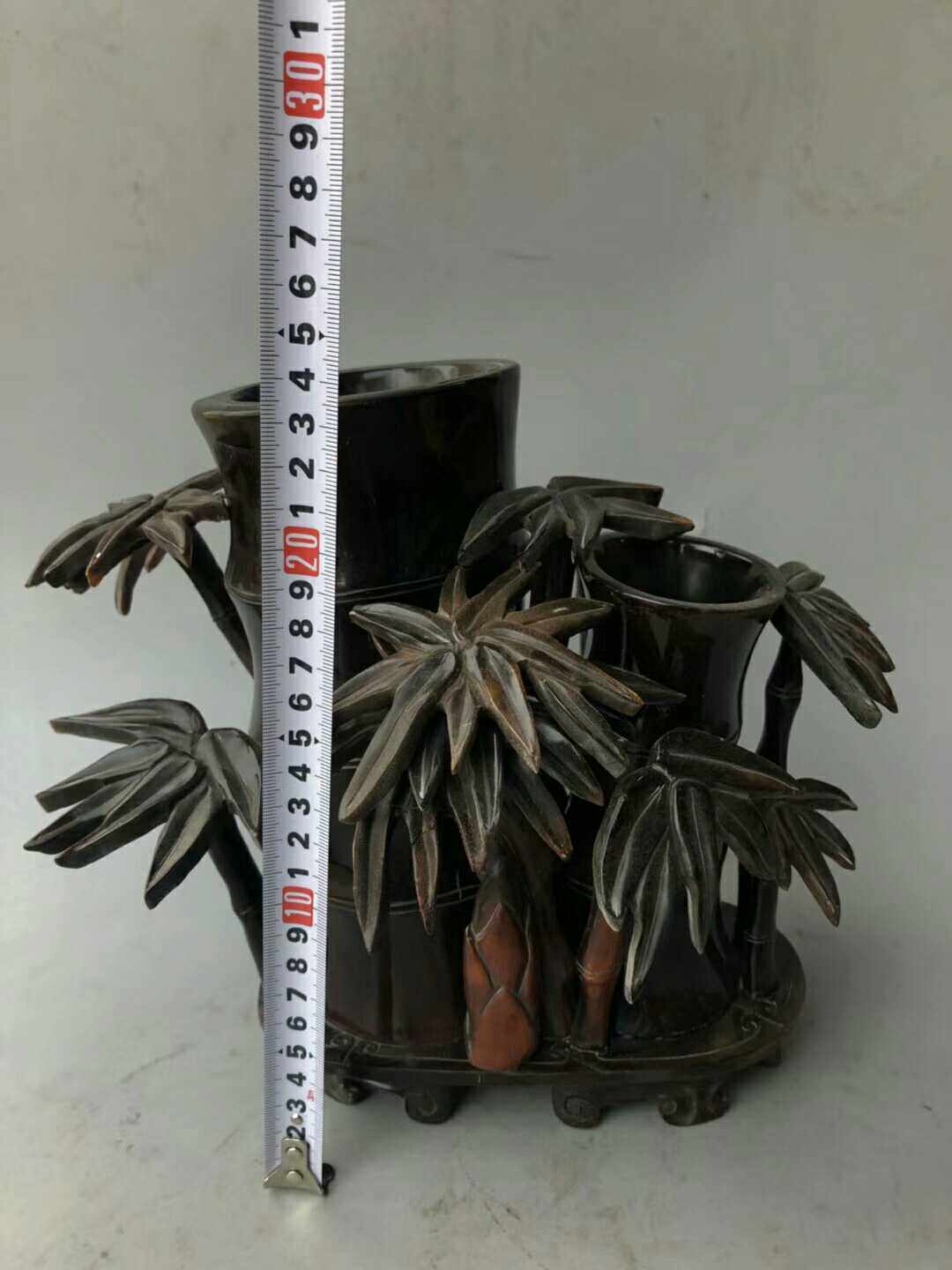 独特收藏老件牛角拼接浮雕竹叶竹节双笔筒摆件u.