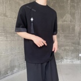 夏季新中式盘扣玉佩流苏设计原领短袖男女T恤复古休闲上衣9772P75，男装T恤，电商A246