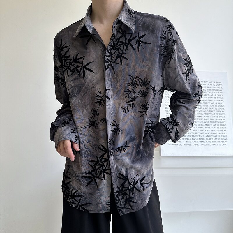 秋季复古植绒提花翻领长袖男女休闲衬衣简约冷淡风衬衫5265P95图片