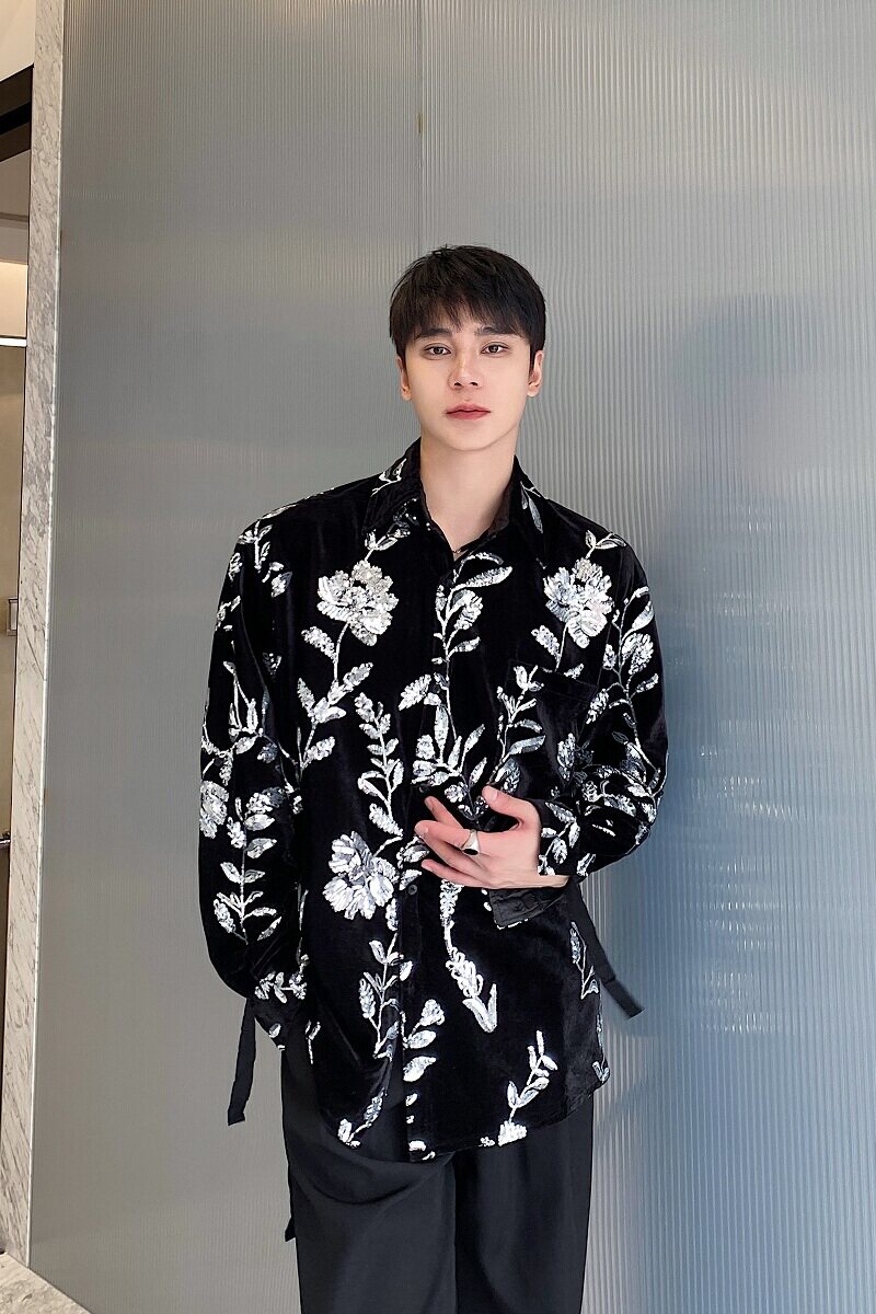 春季丝绒绣片翻领绑带设计长袖衬衣个性舞台装亮片表演服3565P115,男装衬衫,电商A246