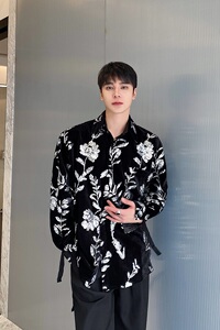 春季丝绒绣片翻领绑带设计长袖衬衣个性舞台装亮片表演服3565P115图片