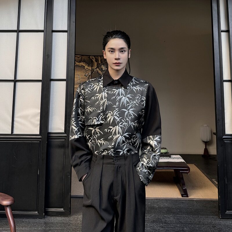 新中式竹叶提花假两件翻领长袖男女衬衣个性可拆卸马甲5216P125图片