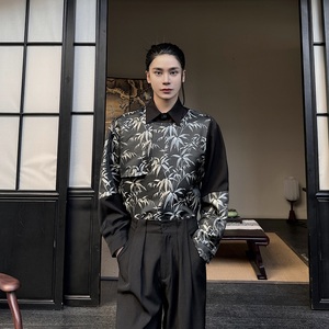 新中式竹叶提花假两件翻领长袖男女衬衣个性可拆卸马甲5216P125图片