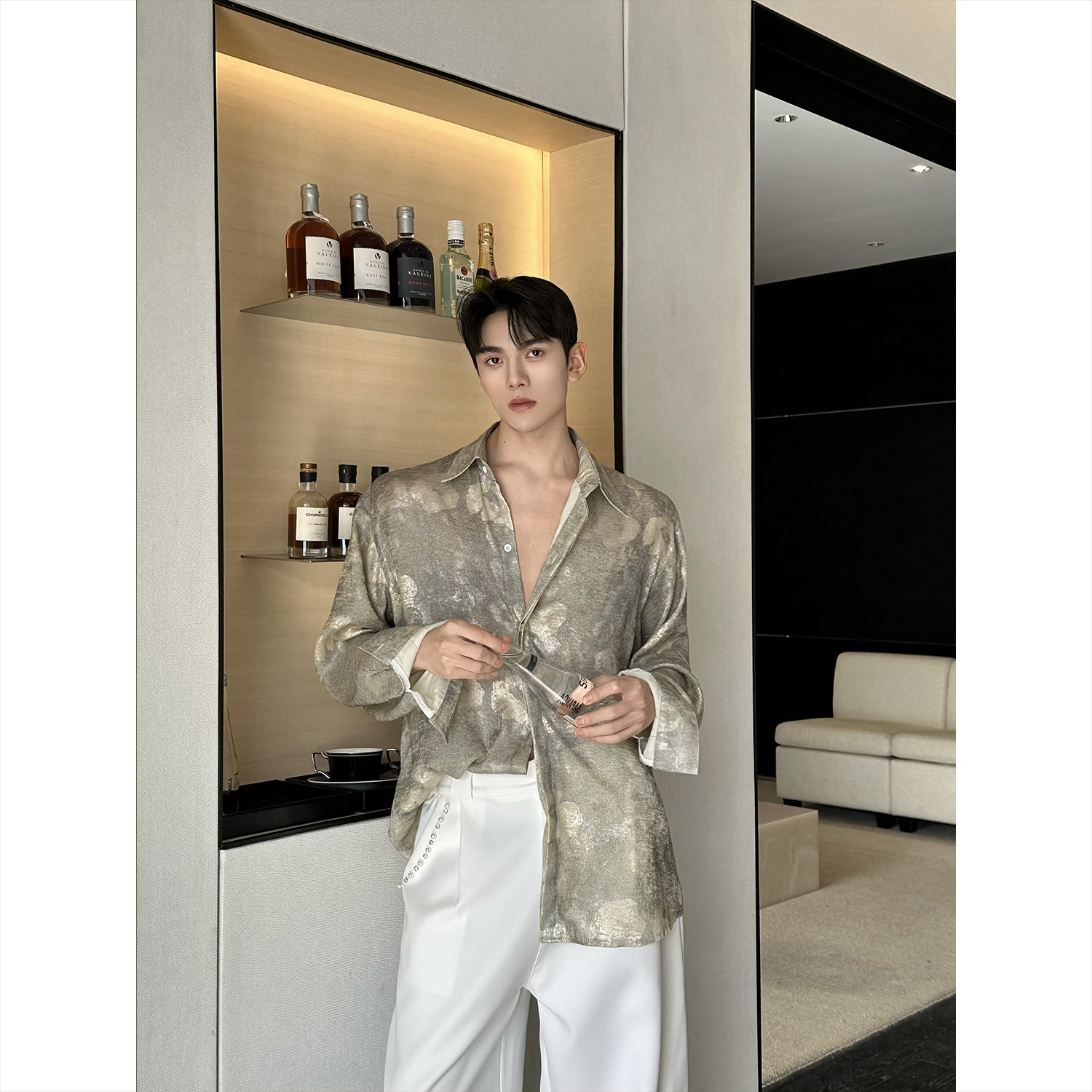 26新款扎染缎面翻领长袖衬衣潮流痞帅休闲衬衫5310P75，男装衬衫，电商A246