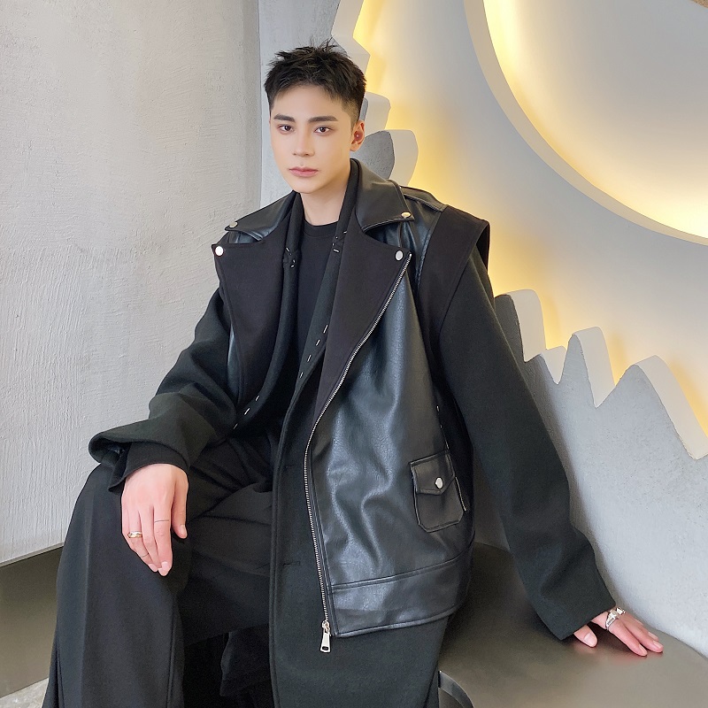 秋冬个性雅痞PU拼接毛呢机能风男马甲潮流叠穿搭配坎肩5038P115，男装背心/马甲，电商A246