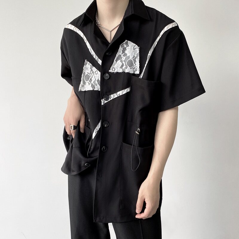 山本暗黑系个性蕾丝拼接翻领开衫短袖男衬衣潮流痞帅衬衫3868P75，男装T恤，电商A246