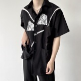 山本暗黑系个性蕾丝拼接翻领开衫短袖男衬衣潮流痞帅衬衫3868P75，男装T恤，电商A246